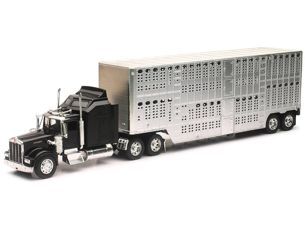 Kenworth W900 Truck Black with Pot Belly Livestock Chrome "Long Haul Truckers" Series 1/32 Diecast Model by New Ray-1