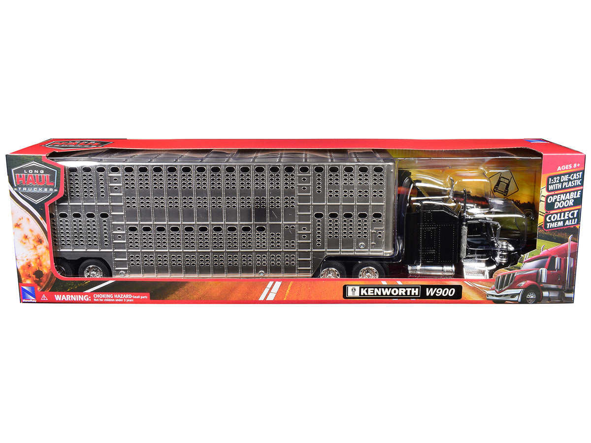 Kenworth W900 Truck Black with Pot Belly Livestock Chrome "Long Haul Truckers" Series 1/32 Diecast Model by New Ray-2