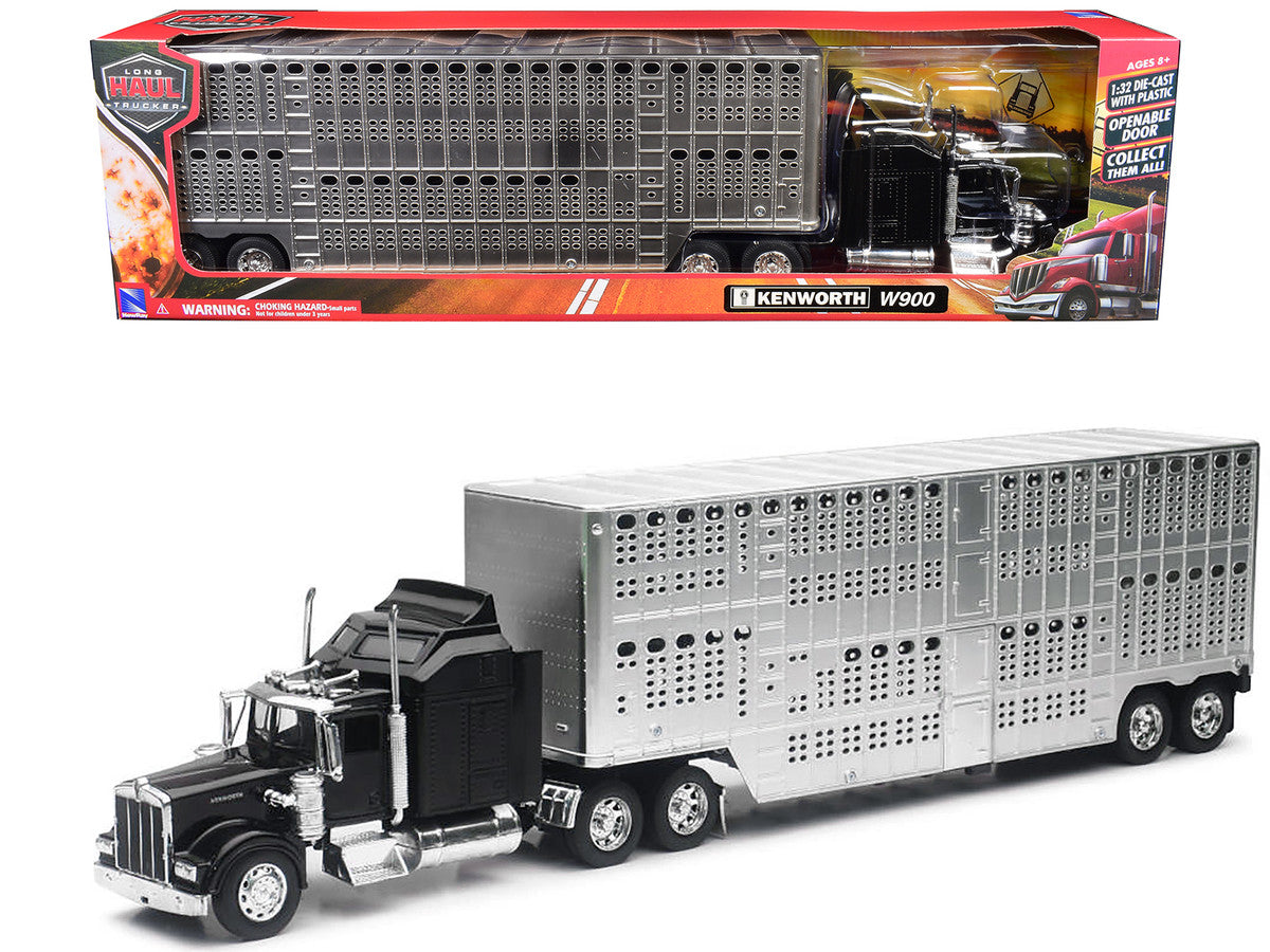 Kenworth W900 Truck Black with Pot Belly Livestock Chrome "Long Haul Truckers" Series 1/32 Diecast Model by New Ray-0