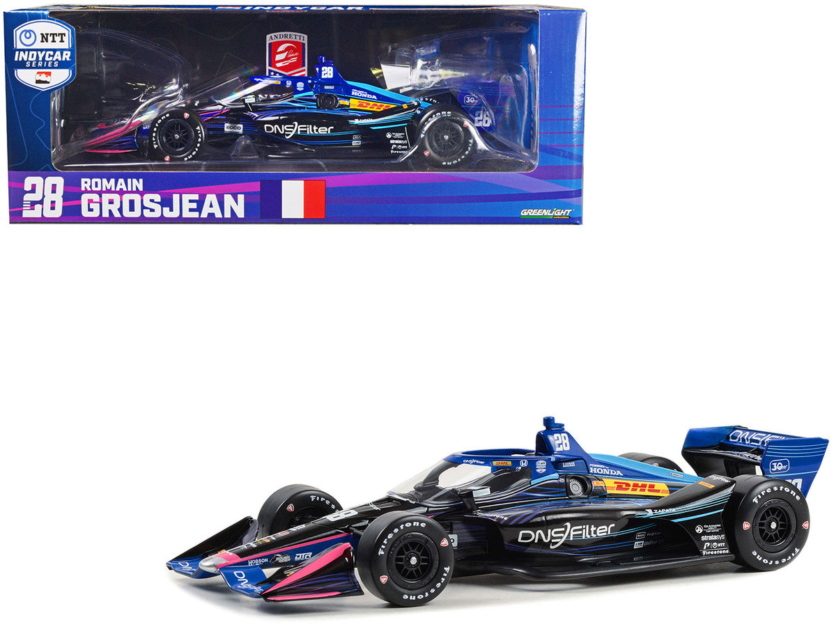 Dallara IndyCar #28 Romain Grosjean "DNSFilter" Andretti Autosport (Road Course Configuration) "NTT IndyCar Series" (2023) 1/18 Diecast Model Car by Greenlight-0