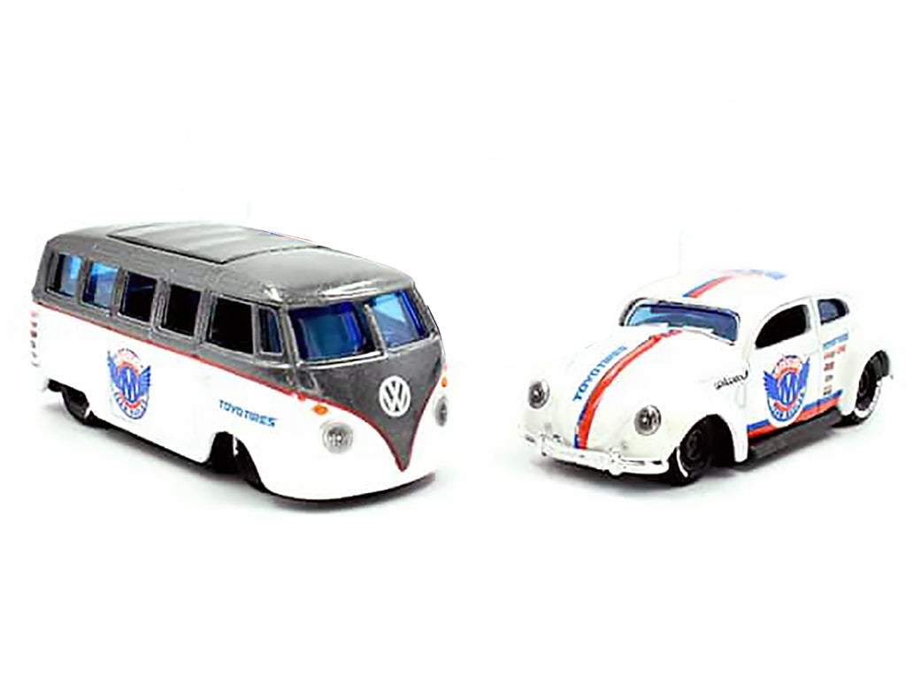Volkswagen Samba Bus Dark Gray Metallic and White with Volkswagen Beetle White Metallic and Enclosed Car Trailer Silver "Toyo Tires" "Team Haulers" Series 1/64 Diecast Model Cars by Maisto