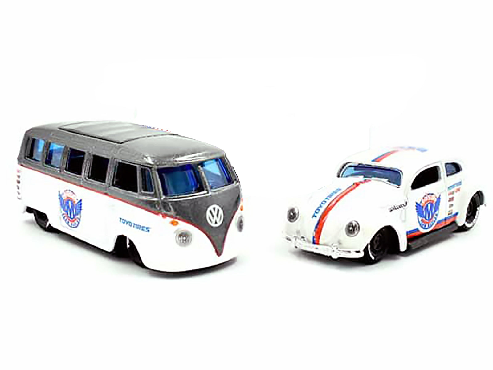 Volkswagen Samba Bus Dark Gray Metallic and White with Volkswagen Beetle White Metallic and Enclosed Car Trailer Silver "Toyo Tires" "Team Haulers" Series 1/64 Diecast Model Cars by Maisto