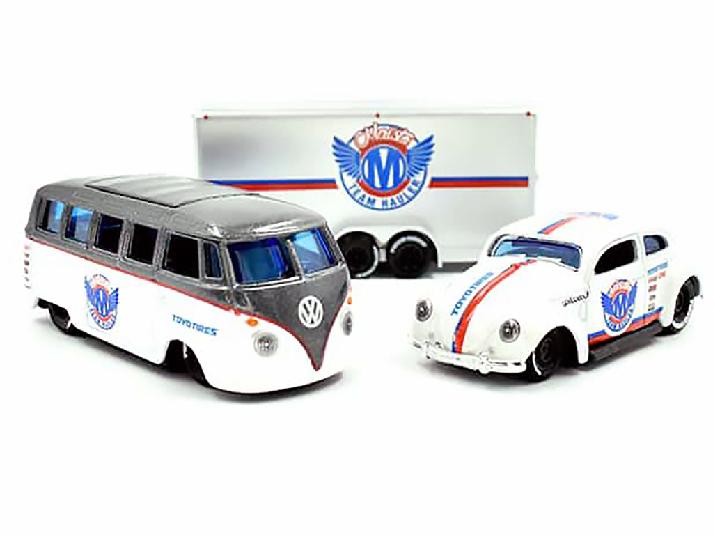 Volkswagen Samba Bus Dark Gray Metallic and White with Volkswagen Beetle White Metallic and Enclosed Car Trailer Silver "Toyo Tires" "Team Haulers" Series 1/64 Diecast Model Cars by Maisto