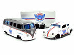Volkswagen Samba Bus Dark Gray Metallic and White with Volkswagen Beetle White Metallic and Enclosed Car Trailer Silver "Toyo Tires" "Team Haulers" Series 1/64 Diecast Model Cars by Maisto