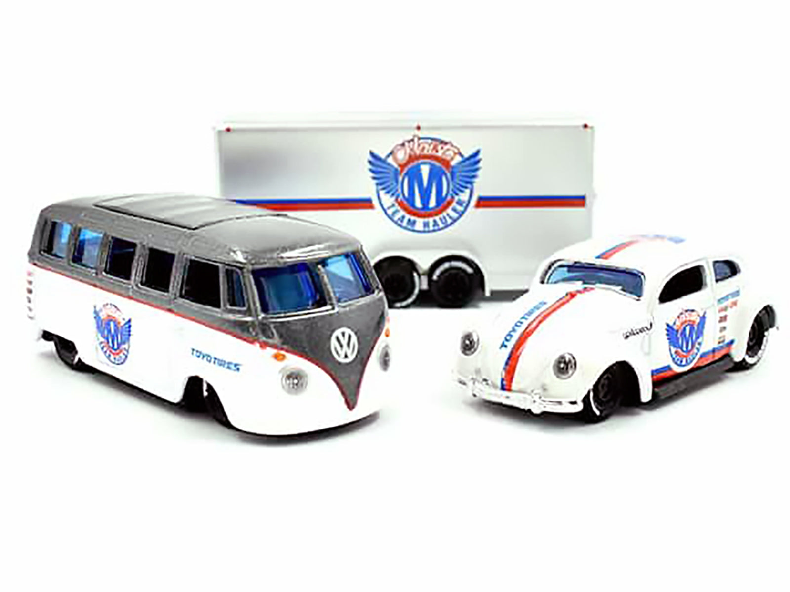 Volkswagen Samba Bus Dark Gray Metallic and White with Volkswagen Beetle White Metallic and Enclosed Car Trailer Silver "Toyo Tires" "Team Haulers" Series 1/64 Diecast Model Cars by Maisto