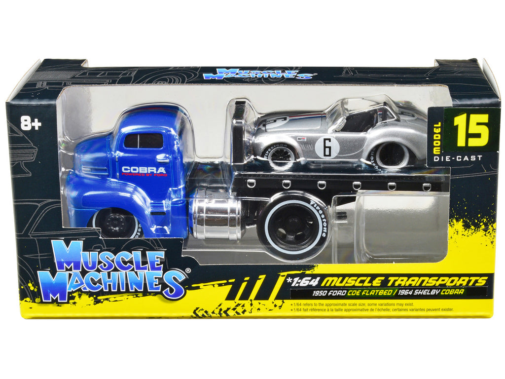 1950 Ford COE Flatbed Truck Blue "Cobra Powered by Ford" and 1964 Shelby Cobra #6 Silver Metallic with Stripes "Muscle Transports" Series 1/64 Diecast Model Cars by Muscle Machines-2