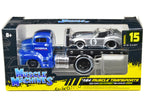 1950 Ford COE Flatbed Truck Blue "Cobra Powered by Ford" and 1964 Shelby Cobra #6 Silver Metallic with Stripes "Muscle Transports" Series 1/64 Diecast Model Cars by Muscle Machines-2