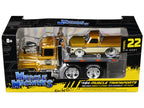 1980 Mack A685ST Flatbed Truck Gold Metallic with Beige Stripes "Madman Garage" and 1972 Chevrolet C10 Pickup Truck Gold Metallic and Beige "Muscle Transports" Series 1/64 Diecast Models by Muscle Machines-2