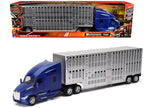Kenworth T680 Truck Blue Metallic with Livestock Trailer Chrome "Long Haul Trucker" Series 1/32 Diecast Model by New Ray-0