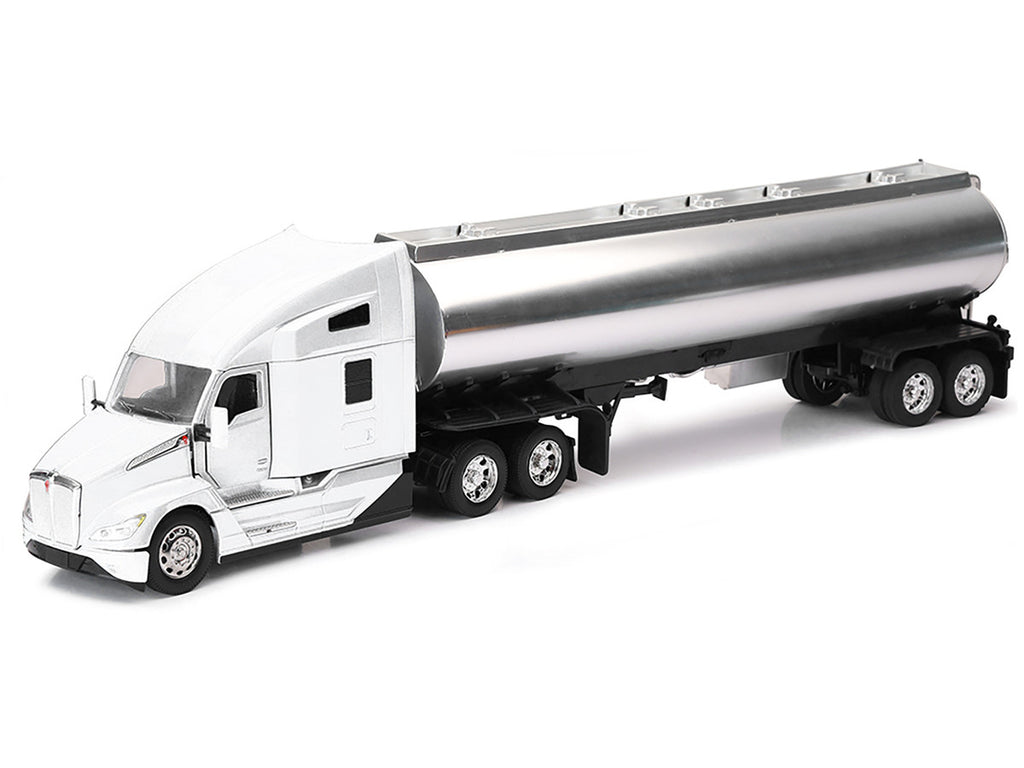 Kenworth T680 Truck White with Oil Tanker Trailer Chrome "Long Haul Trucker" Series 1/32 Diecast Model by New Ray-1