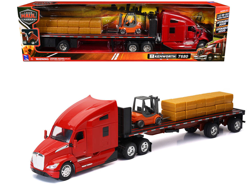 Kenworth T680 Truck Red and Flatbed Trailer with Forklift and Hay Load "Long Haul Trucker" Series 1/32 Diecast Model by New Ray-0