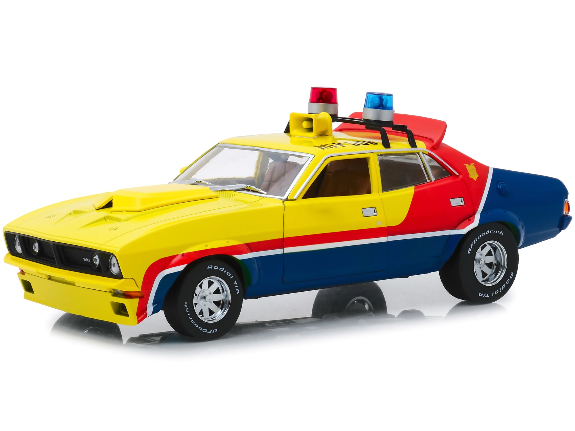 1974 Ford Falcon XB 4-Door Sedan RHD (Right Hand Drive) Yellow and Blue with Red Stripes "MFP 508" "First of the V8 Interceptors" (1979) Movie 1/18 Diecast Model Car by Greenlight