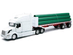 Volvo VN-780 Truck with Flatbed Trailer and Long Pipes White "Long Haul Truckers" Series 1/32 Diecast Model by New Ray-0