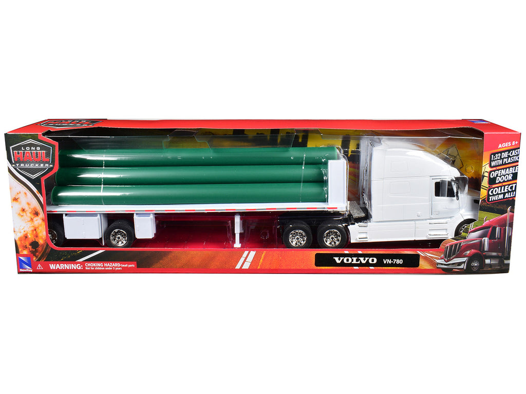 Volvo VN-780 Truck with Flatbed Trailer and Long Pipes White "Long Haul Truckers" Series 1/32 Diecast Model by New Ray-1