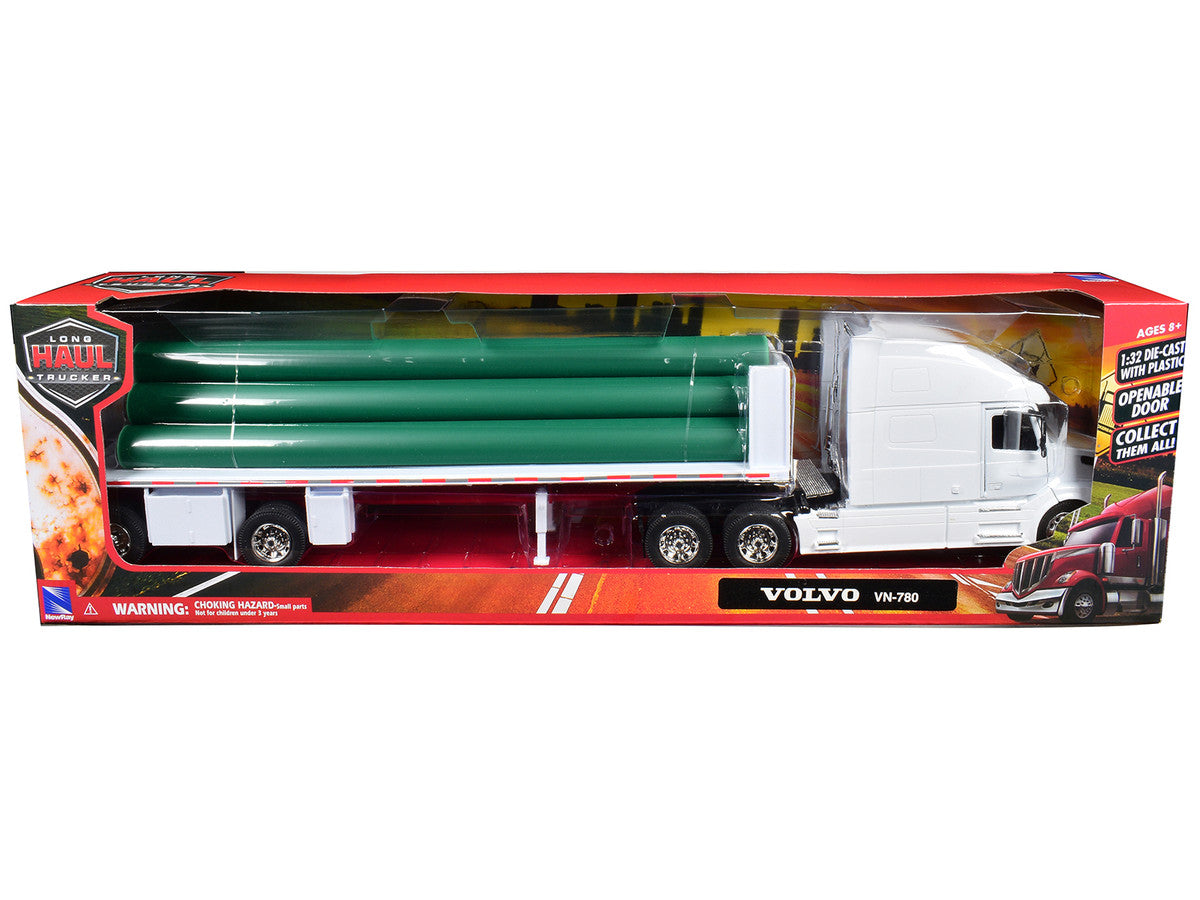 Volvo VN-780 Truck with Flatbed Trailer and Long Pipes White "Long Haul Truckers" Series 1/32 Diecast Model by New Ray-1
