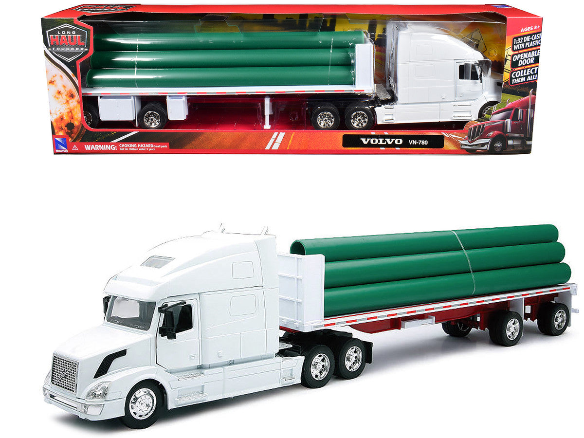 Volvo VN-780 Truck with Flatbed Trailer and Long Pipes White "Long Haul Truckers" Series 1/32 Diecast Model by New Ray-2