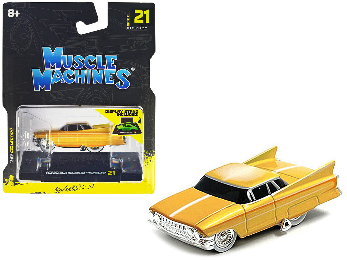 Gene Winfield’s 1961 Cadillac Maybelline Yellow Metallic with White Stripes 1/64 Diecast Model Car by Muscle Machines-0