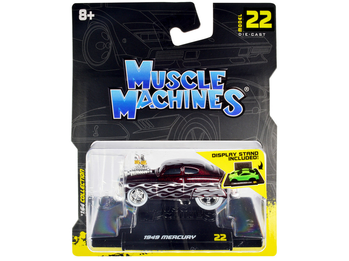 1949 Mercury Custom Coupe Dark Red Metallic with Flames 1/64 Diecast Model Car by Muscle Machines-0