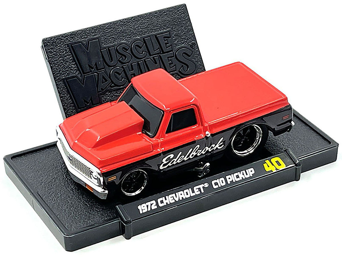 1972 Chevrolet C-10 Pickup Truck Red and Black "Edelbrock" 1/64 Diecast Model Car by Muscle Machines-2