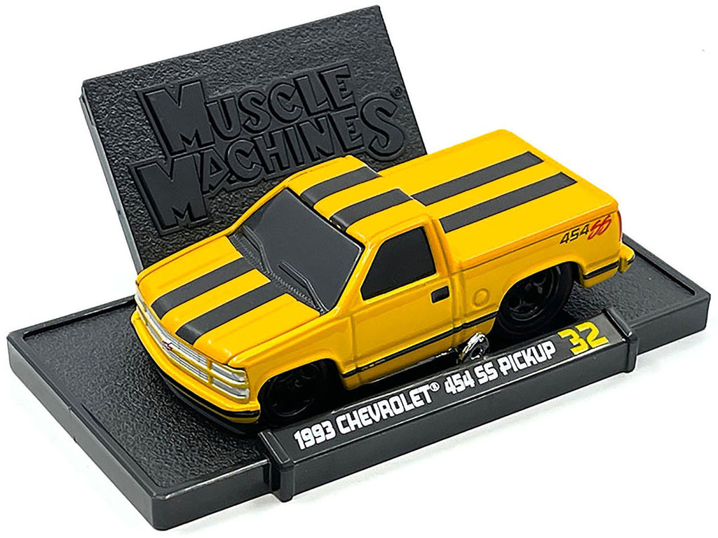 1993 Chevrolet 454 SS Pickup Truck Yellow with Black Stripes 1/64 Diecast Model Car by Muscle Machines-2