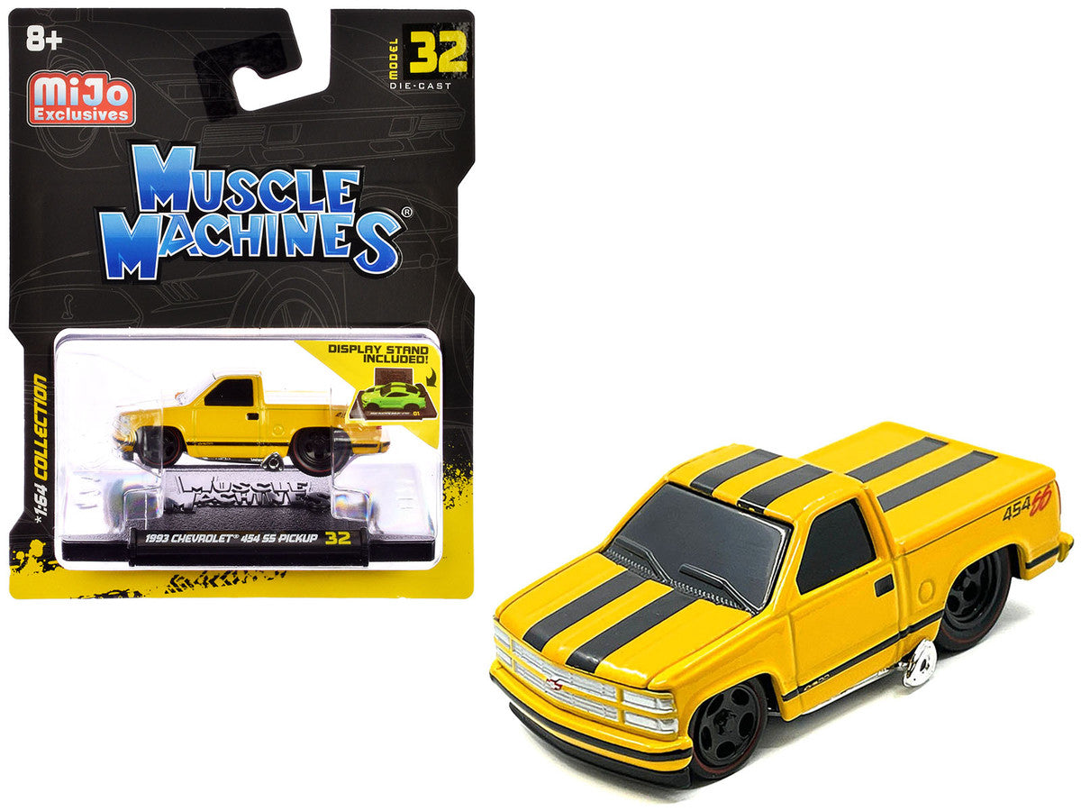 1993 Chevrolet 454 SS Pickup Truck Yellow with Black Stripes 1/64 Diecast Model Car by Muscle Machines-0