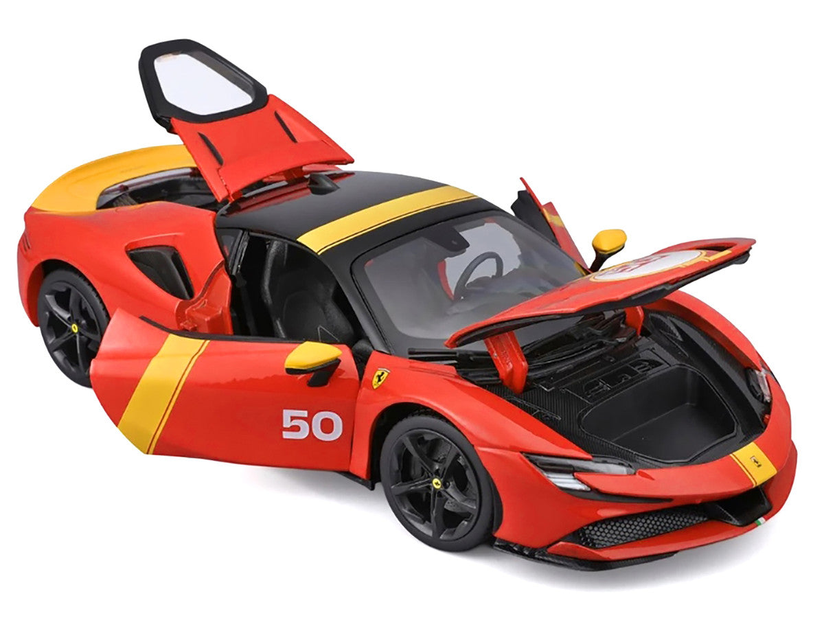 Ferrari SF90 Stradale Assetto Fiorano #50 Red with Black Top and Yellow Stripes "Race + Play" Series 1/18 Diecast Model Car by Bburago-3