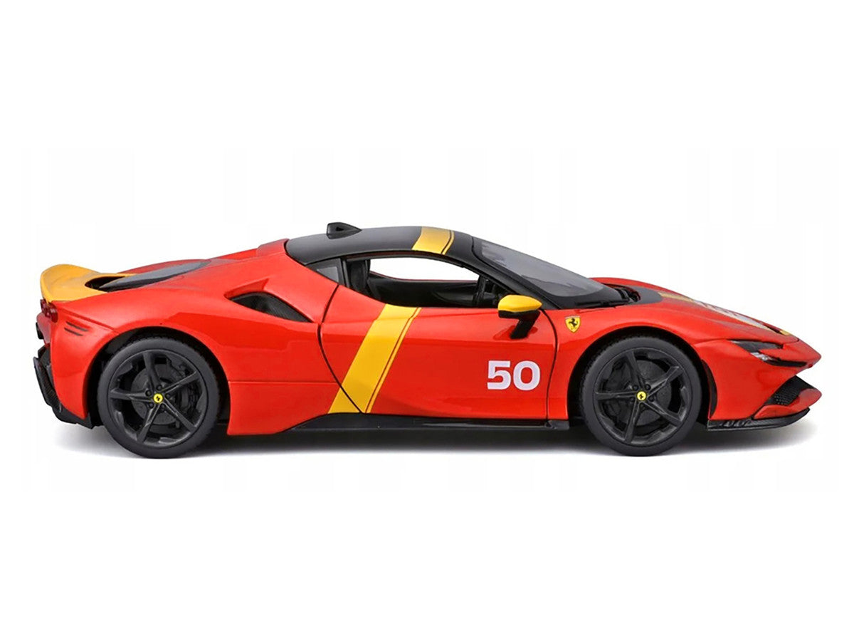 Ferrari SF90 Stradale Assetto Fiorano #50 Red with Black Top and Yellow Stripes "Race + Play" Series 1/18 Diecast Model Car by Bburago-0