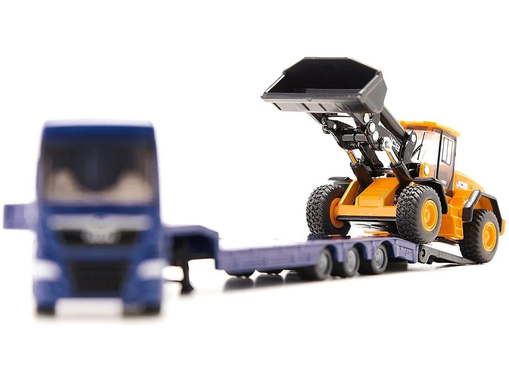 MAN Truck Blue Metallic with Low Loader Trailer and JCB 457 Wheel Loader Yellow 1/87 (HO) Diecast Model by Siku-1