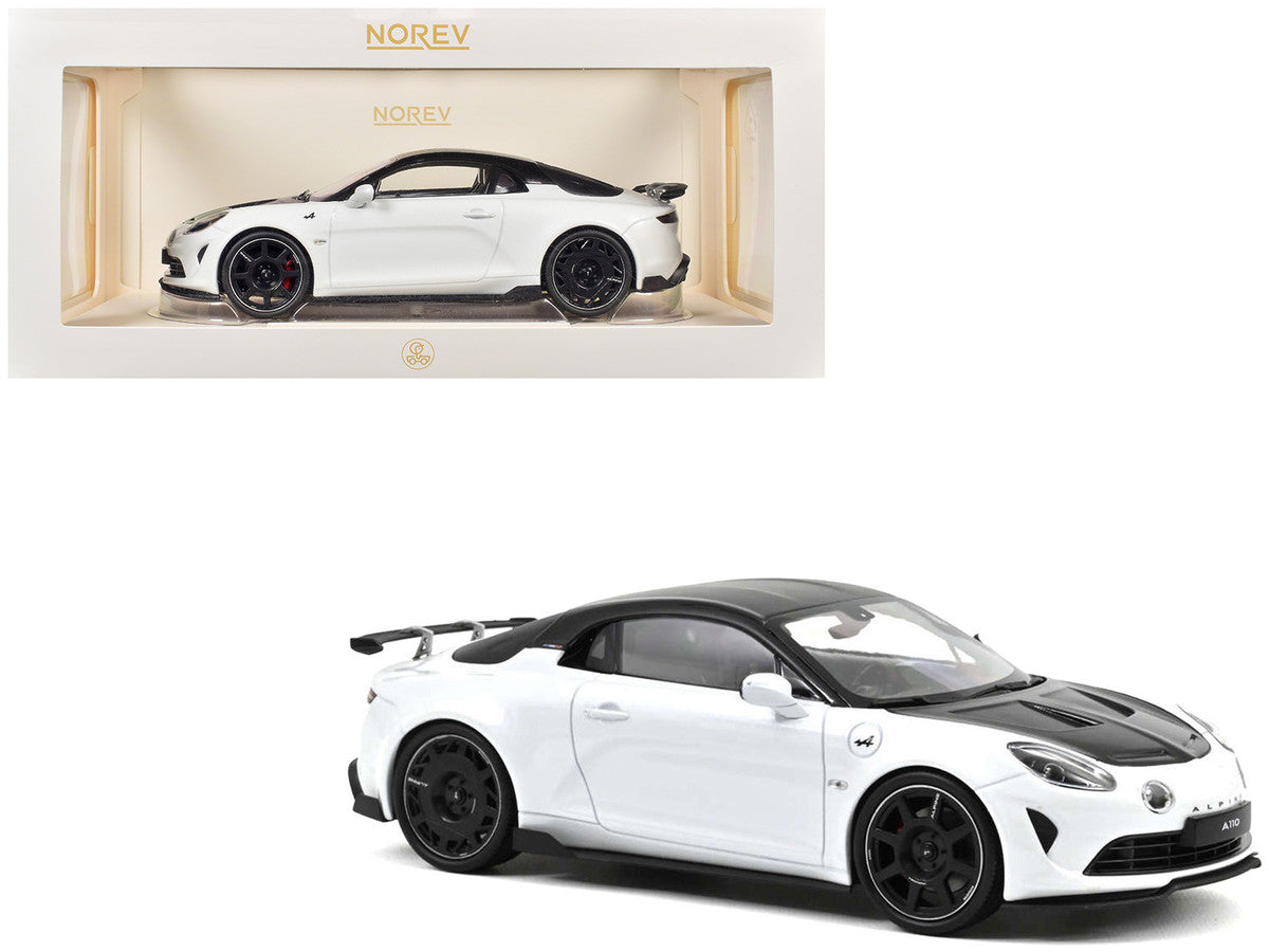 2024 Alpine A110 R Pearl White Metallic with Carbon Hood and Top 1/18 Diecast Model Car by Norev-0