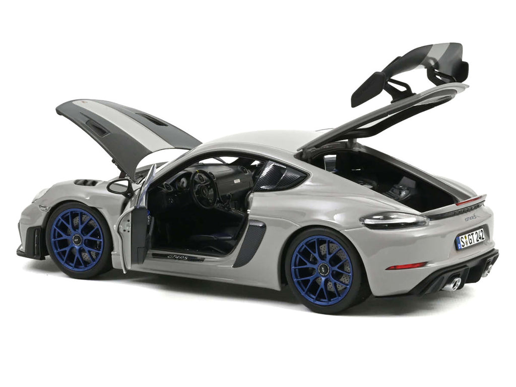 2023 Porsche Cayman GT4 RS Weissach Pack Chalk Gray with Carbon Hood Stripes 1/18 Diecast Model Car by Norev-2