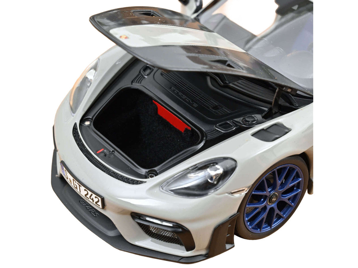 2023 Porsche Cayman GT4 RS Weissach Pack Chalk Gray with Carbon Hood Stripes 1/18 Diecast Model Car by Norev-0