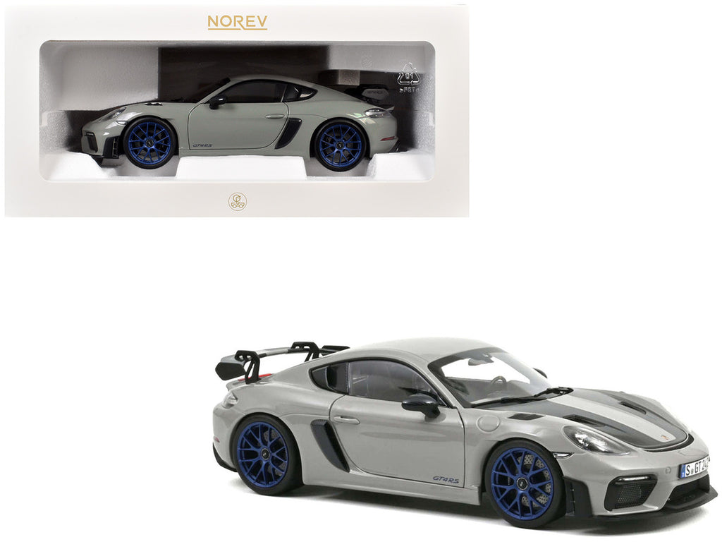 2023 Porsche Cayman GT4 RS Weissach Pack Chalk Gray with Carbon Hood Stripes 1/18 Diecast Model Car by Norev-4