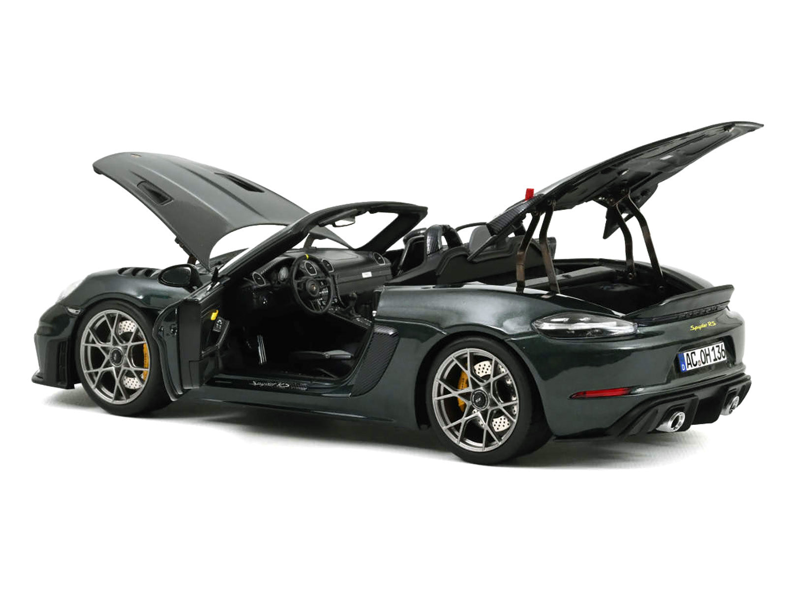 2023 Porsche 718 Spyder RS Weissach Pack Forest Green Metallic with Carbon Hood Stripes 1/18 Diecast Model Car by Norev
