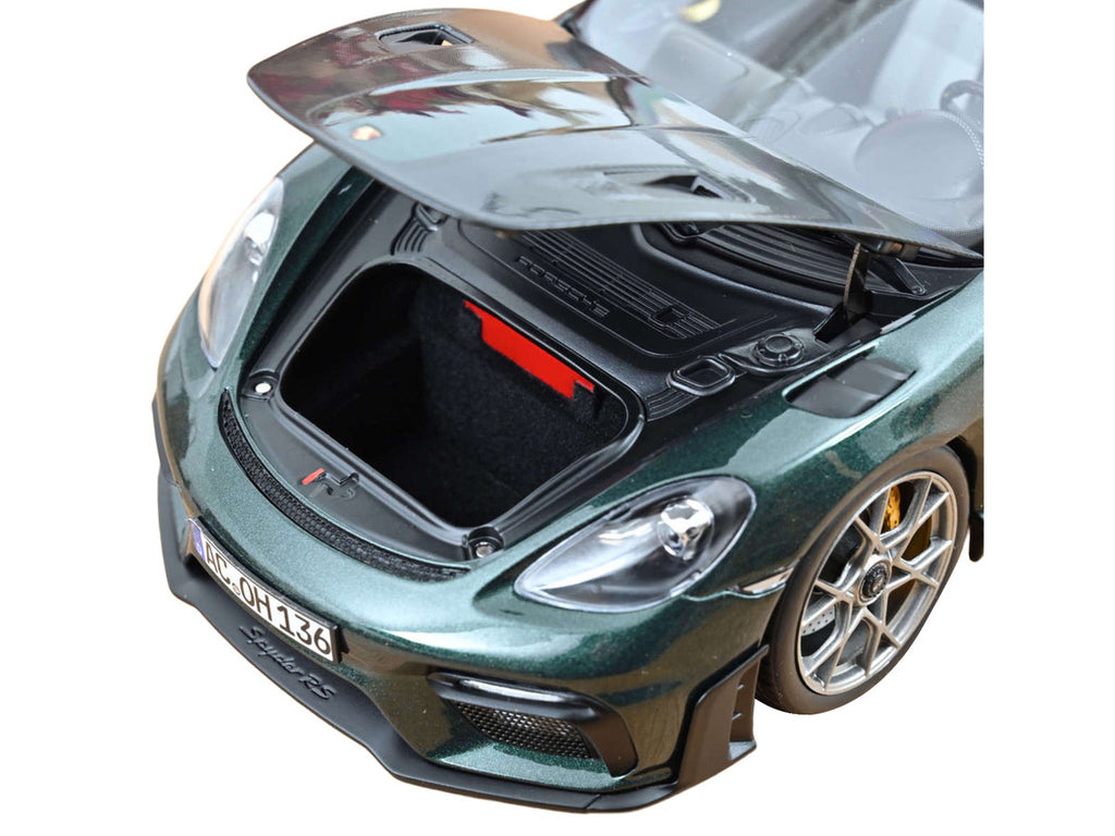 2023 Porsche 718 Spyder RS Weissach Pack Forest Green Metallic with Carbon Hood Stripes 1/18 Diecast Model Car by Norev-2
