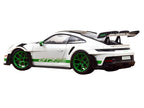 2022 Porsche 911 GT3 RS Weissach Pack White with Green Stripes And Carbon Hood and Top 1/18 Diecast Model Car by Norev-1