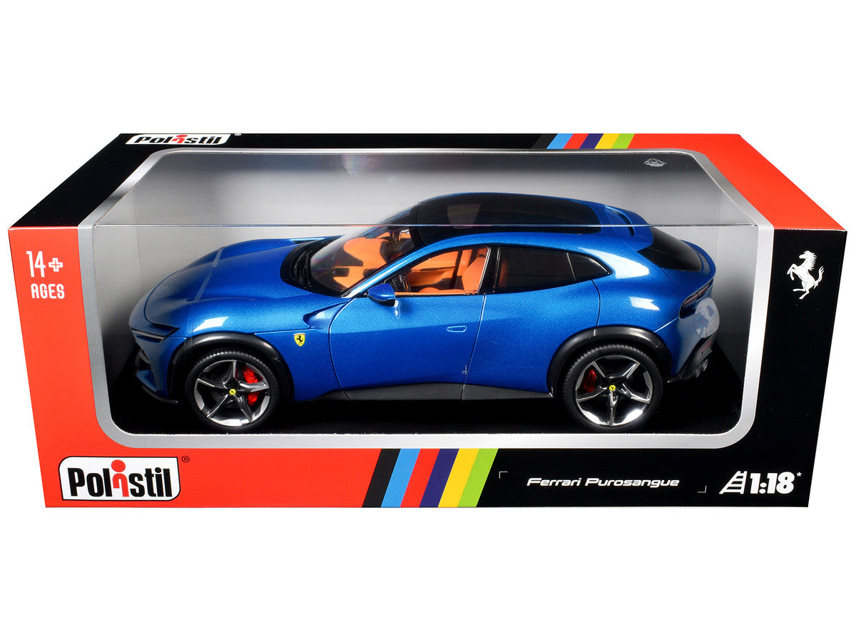 2022 Ferrari Purosangue Blu Corsa Blue Metallic with Black Top and Orange Interior 1/18 Diecast Model Car by Polistil-0