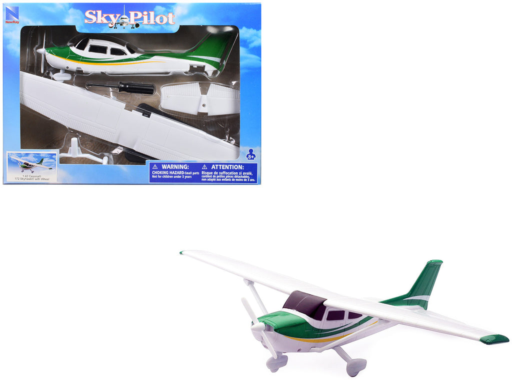 Model Kit Cessna 172 Skyhawk Aircraft White with Green and Yellow Stripes "Sky Pilot" Series 1/42 Plastic Model Kit by New Ray-0