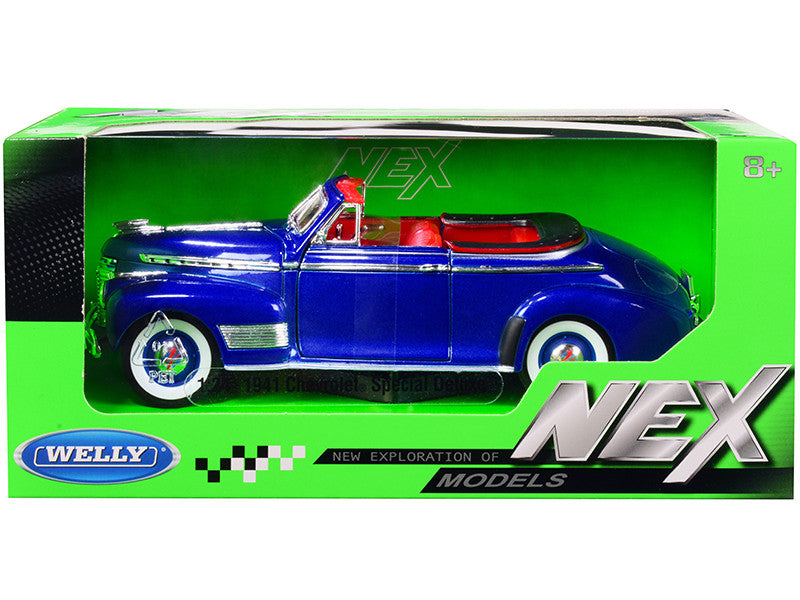 1941 Chevrolet Special Deluxe Convertible Blue Metallic with Red Interior "NEX Models" 1/24 Diecast Model Car by Welly-0
