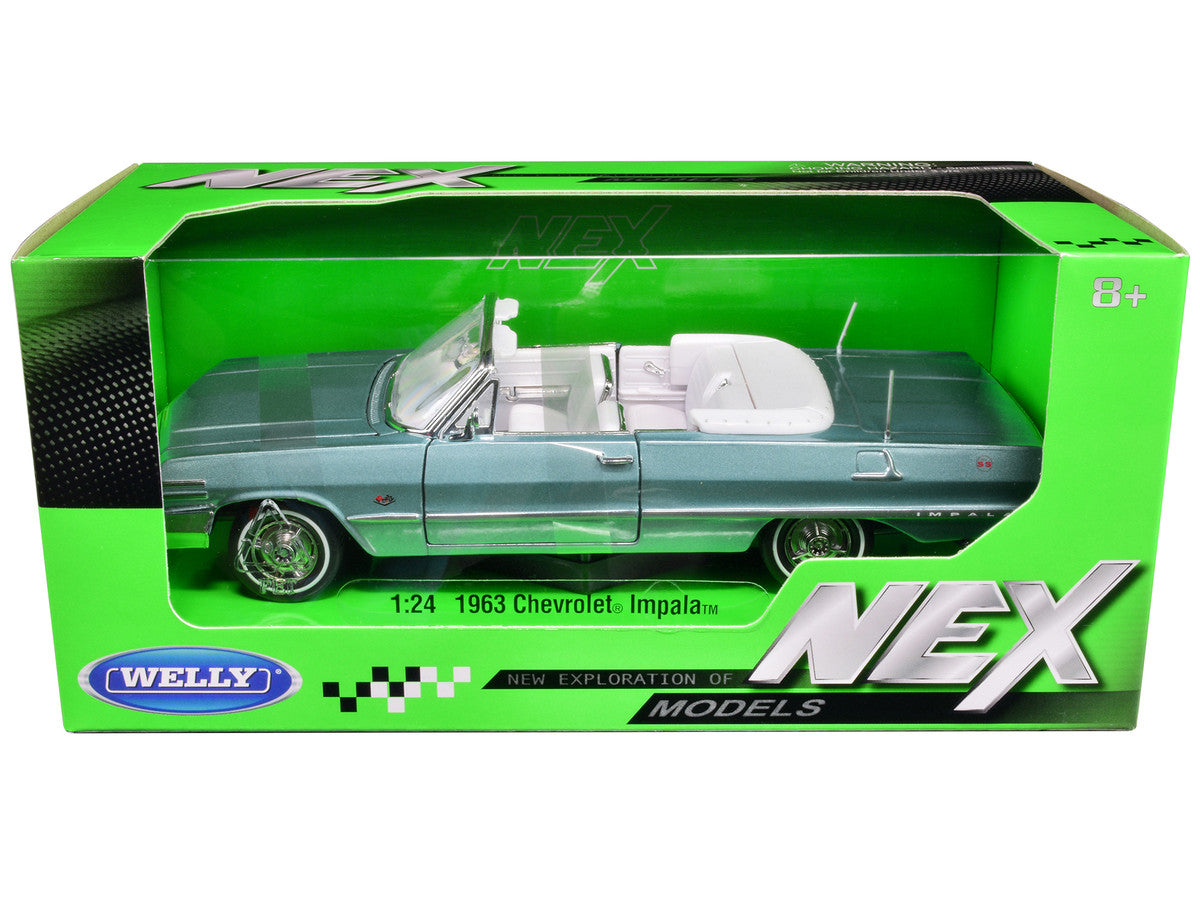 1963 Chevrolet Impala Convertible Light Blue Metallic with White Interior "NEX Models" 1/24 Diecast Model Car by Welly-0
