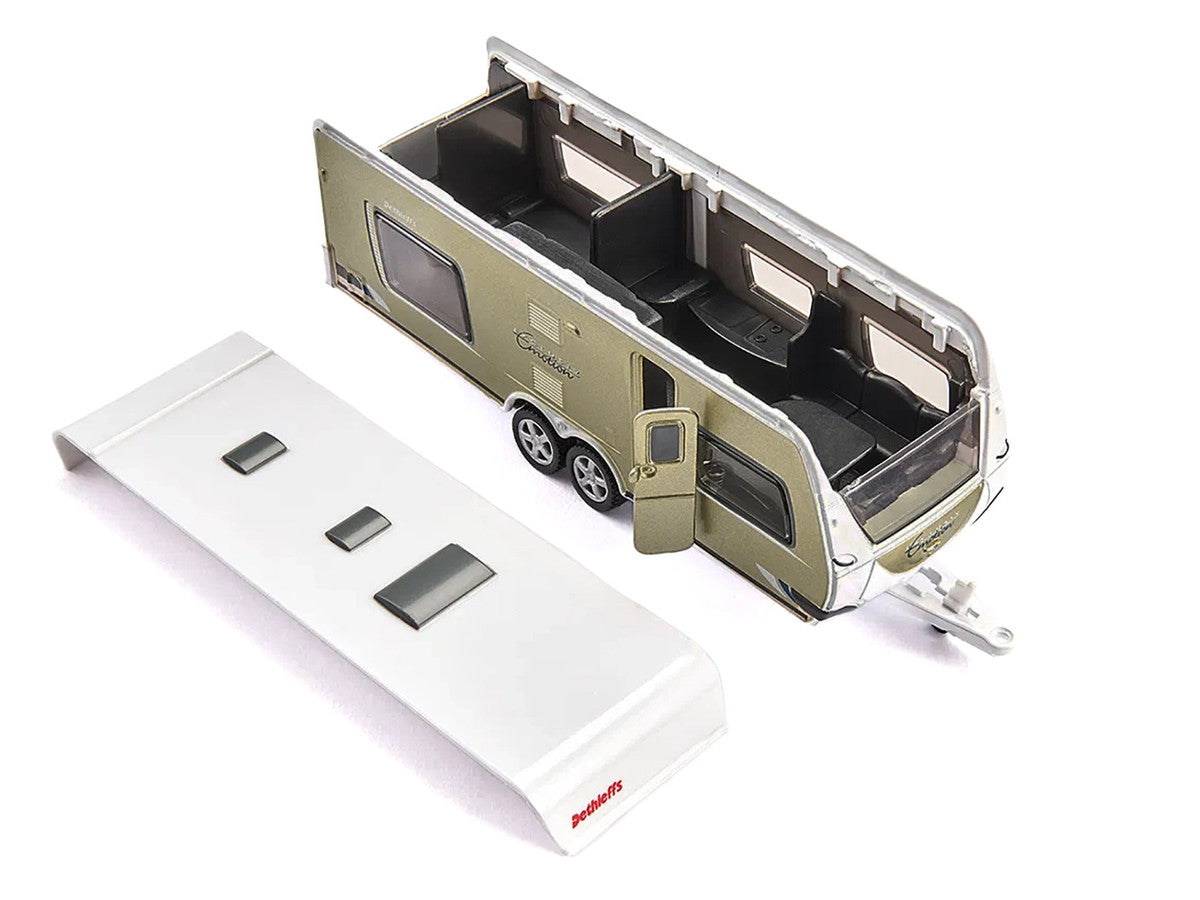 Porsche Macan Turbo Maroon Metallic and Dethleffs Exclusiv Emotion Caravan with Figures and Camp Accessories Set 1/55 Diecast Model by Siku-1