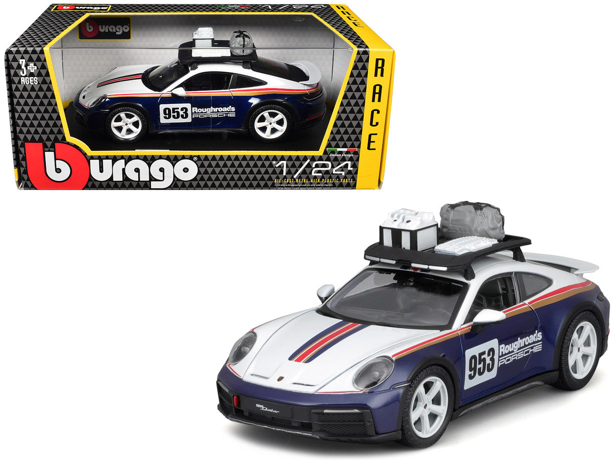 Porsche 911 Dakar #953 "Roughroads Porsche" Blue and White with Stripes and Roof Rack "Race" Series 1/24 Diecast Model Car by Bburago-4