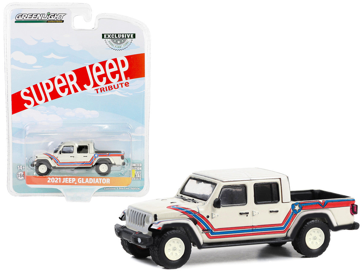 2021 Jeep Gladiator Pickup Truck "Super Jeep Tribute" White with Red and Blue Stripes "Hobby Exclusive" Series 1/64 Diecast Model Car by Greenlight-0