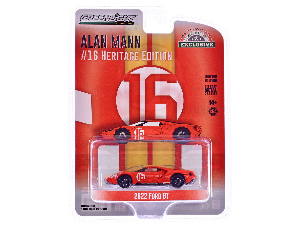 2022 Ford GT Heritage Edition #16 Alan Mann "1966 Ford AM GT-1 Prototype Tribute" Red with Stripes "Hobby Exclusive" Series 1/64 Diecast Model Car by Greenlight-2