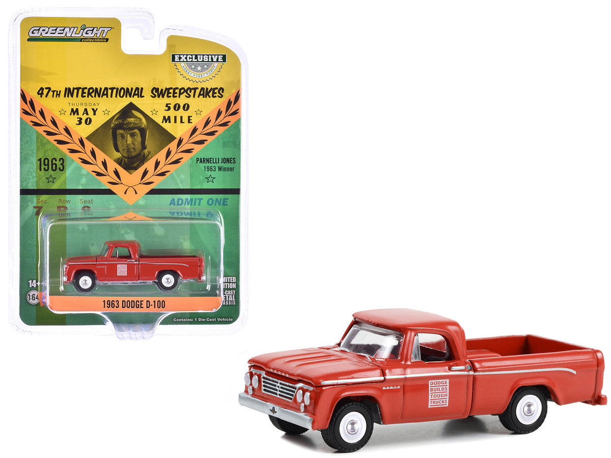 1963 Dodge D-100 Pickup Truck "47th International 500 Mile Sweepstakes - Indianapolis 500 Official Truck" Red "Hobby Exclusive" Series 1/64 Diecast Model Car by Greenlight-2