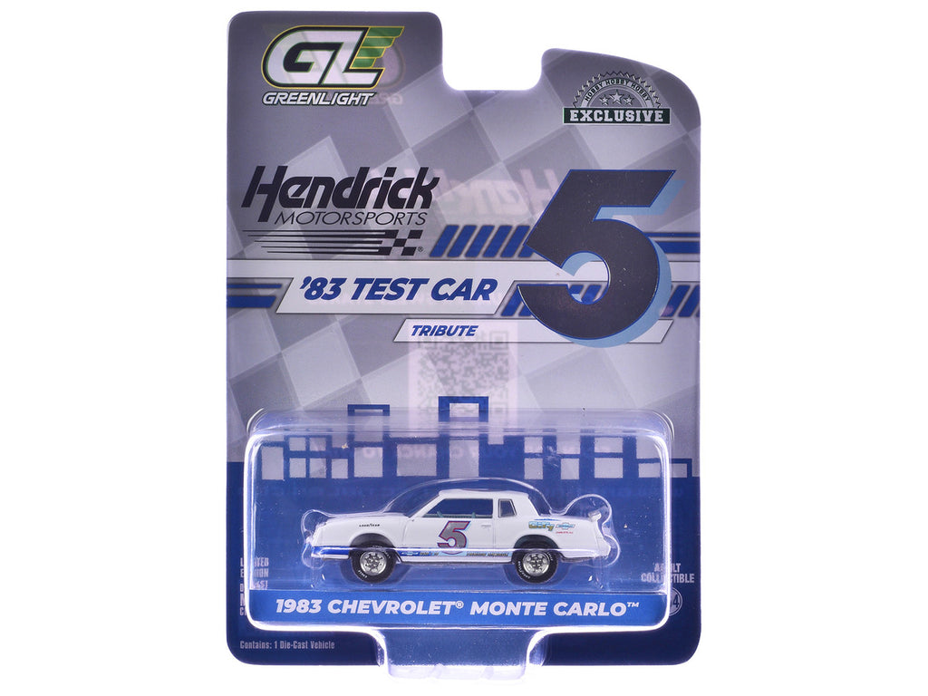 1983 Chevrolet Monte Carlo #5 "Hendrick Motorsports First Test Car Tribute" White with Blue Stripes and Interior "Hobby Exclusive" Series 1/64 Diecast Model Car by Greenlight-1