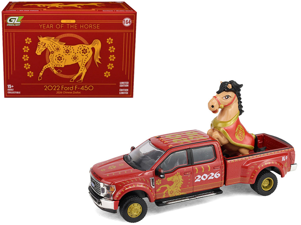 2022 Ford F-450 Dually Pickup Truck "Chinese Zodiac 2026 Year of the Horse" Red with Gold Graphics and Horse Figure "Hobby Exclusive" Series 1/64 Diecast Model Car by Greenlight-5
