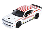 2018 Dodge Durango White with Red Stripes and 2021 Dodge Challenger SRT White with Red Stripes "Ramchargers" with Flatbed Trailer "Racing Hitch & Tow" Series 6 1/64 Diecast Model Cars by Greenlight