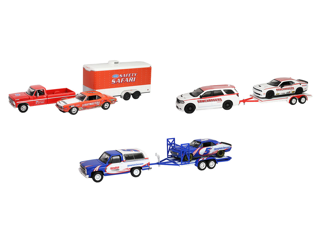 "Racing Hitch & Tow" Series #6 Set of 3 pieces 1/64 Diecast Model Cars by Greenlight
