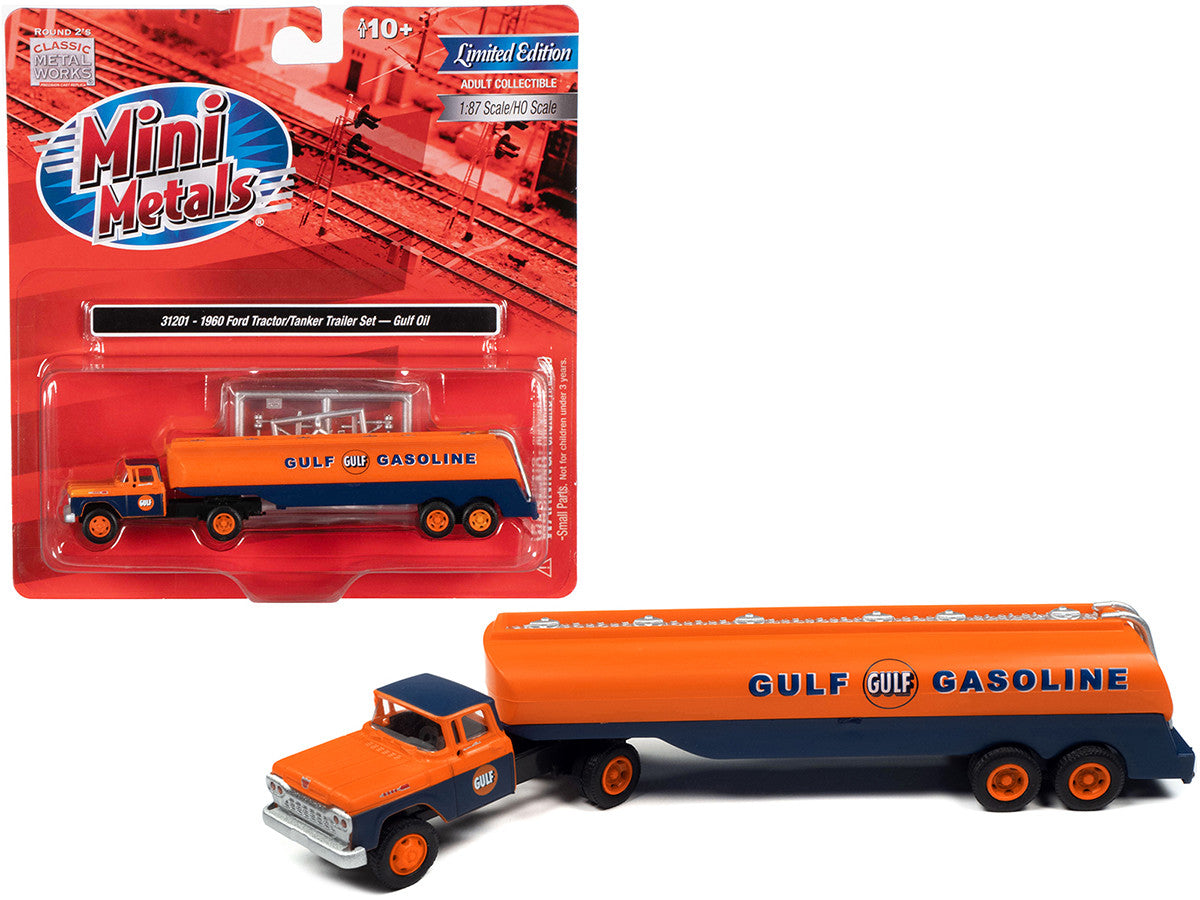 1960 Ford Tanker Truck Orange and Blue "Gulf Oil" 1/87 (HO) Scale Model by Classic Metal Works-0