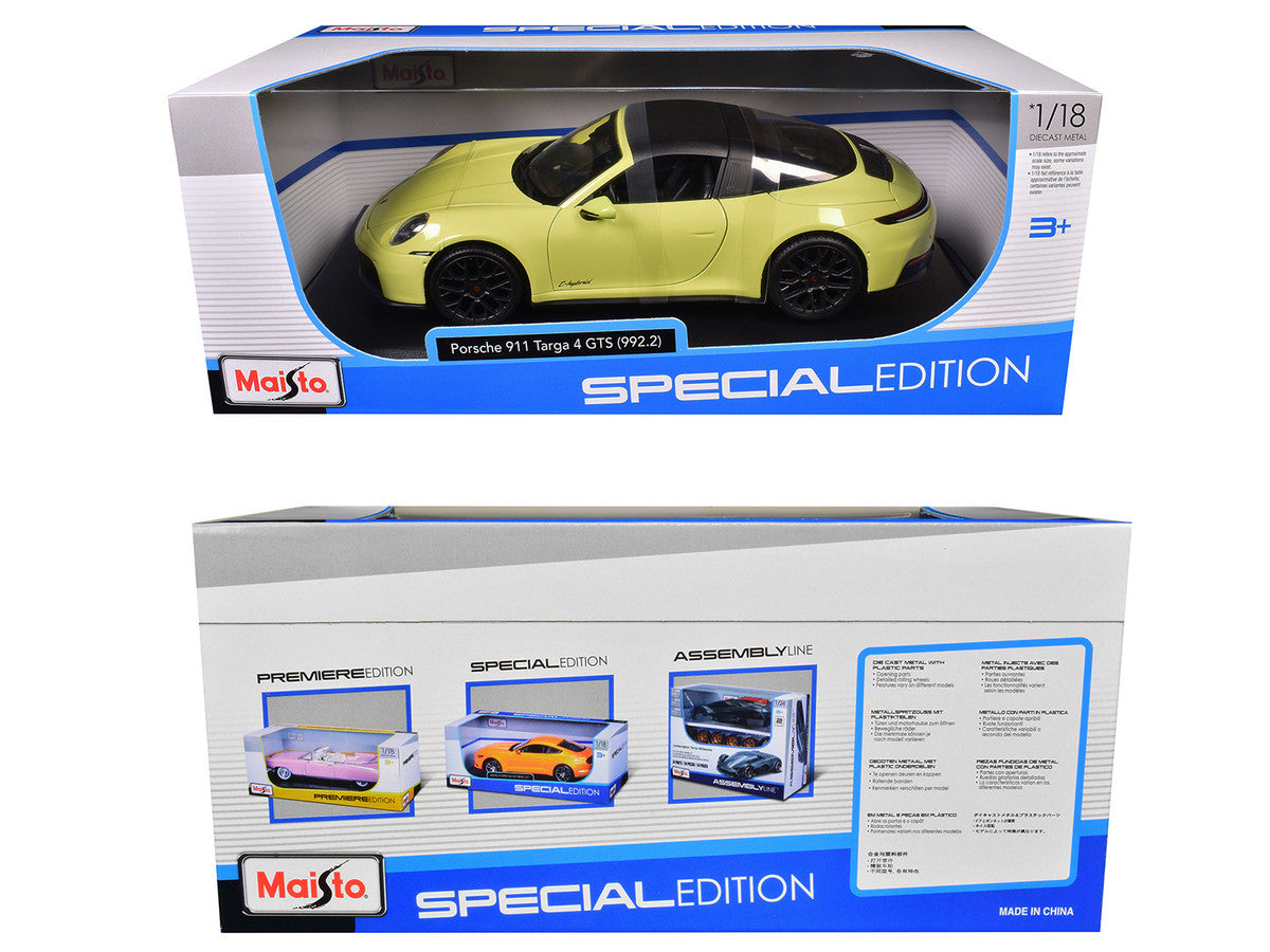 Porsche 911 Targa 4 GTS (992.2) Yellow with Black Top "Special Edition" Series 1/18 Diecast Model Car by Maisto-1
